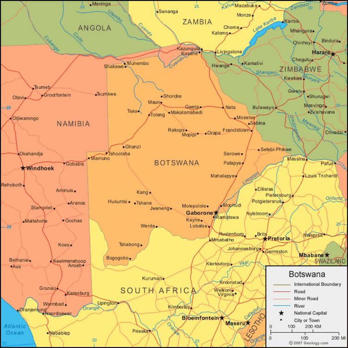 kort over Botswana, der viser alle landsbyer
