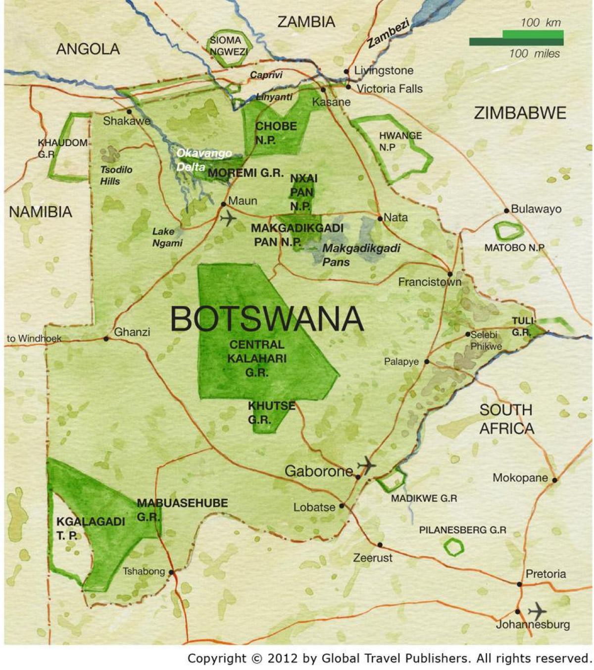 kort over Botswana vildtreservater