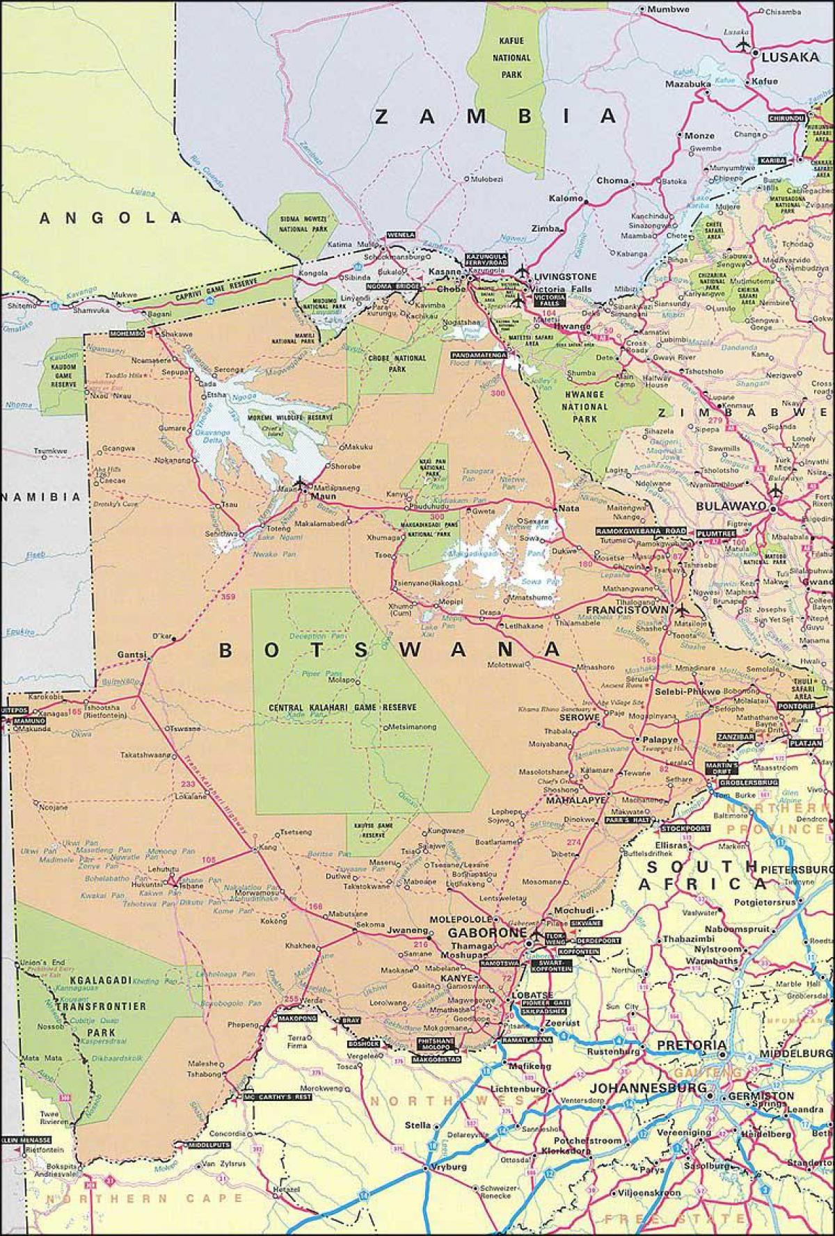 kort over detaljeret køreplan for Botswana