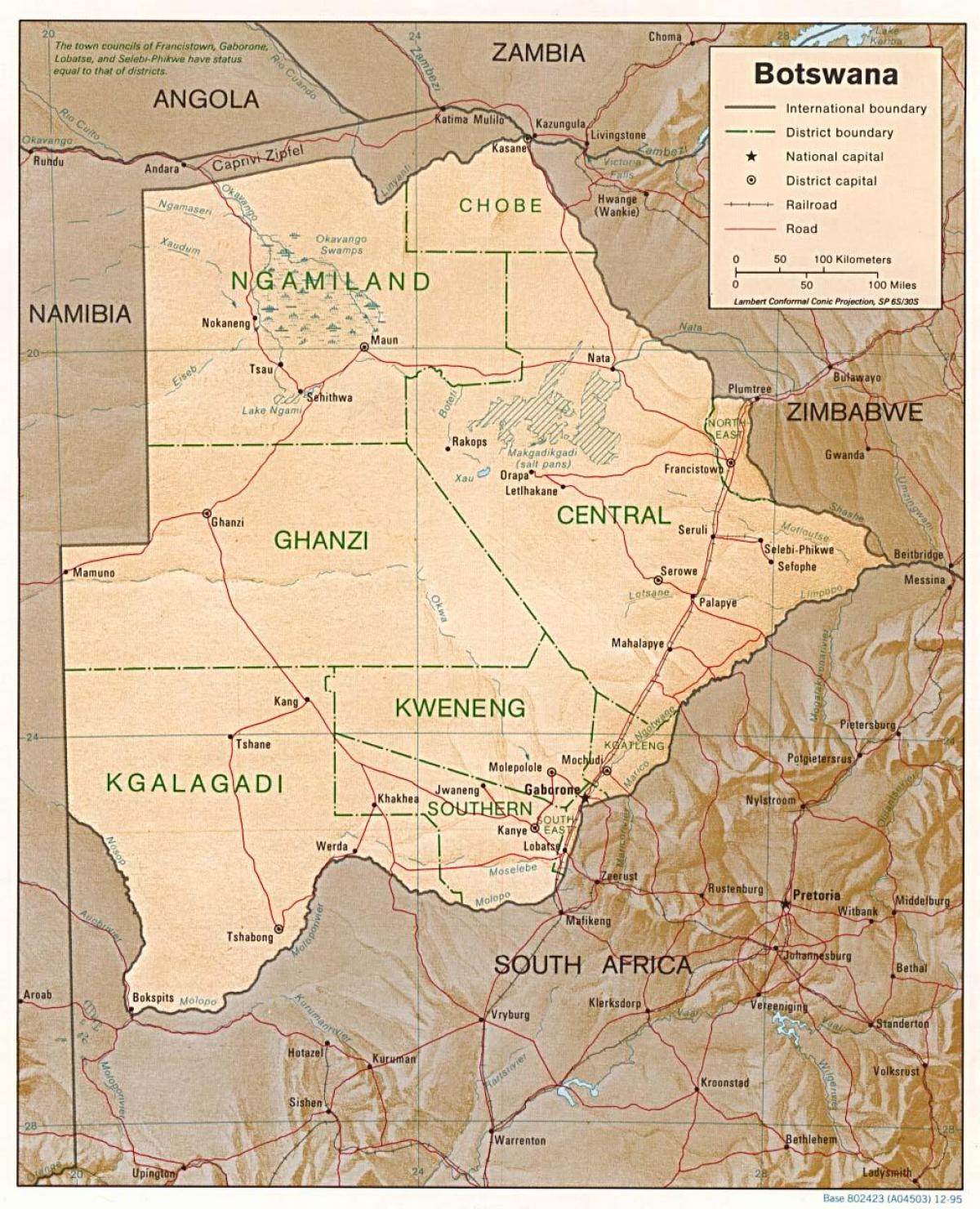 kort over Botswana, der viser, byer og landsbyer